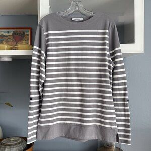 Hamaki-Ho designer Grey White Striped Shirt Top Cotton Size M Roll-Tab Sleeves